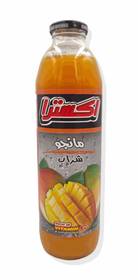 arabski, gęsty sok z mango z bardzo prostym i krótkim składem, bogaty w witaminę c, w szklanej butelce firmy x-tra